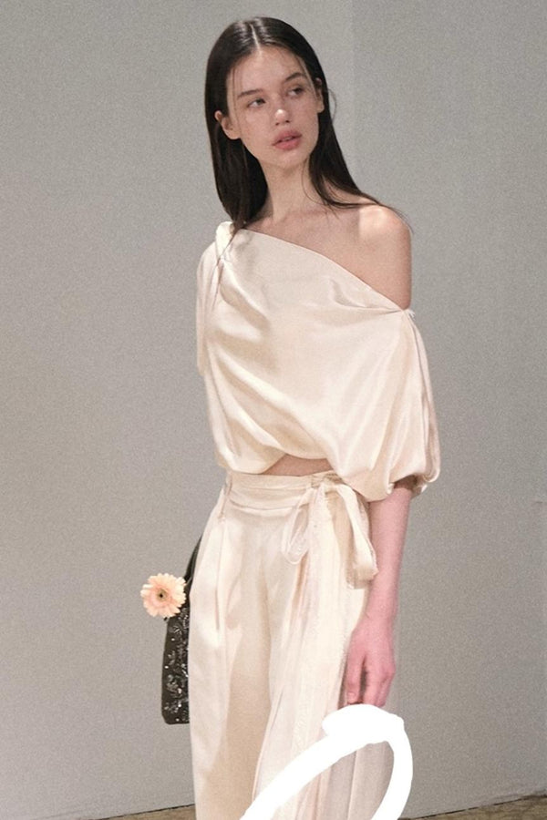 Acetate Bud Slanted Shoulder Top & Pants Set-Up