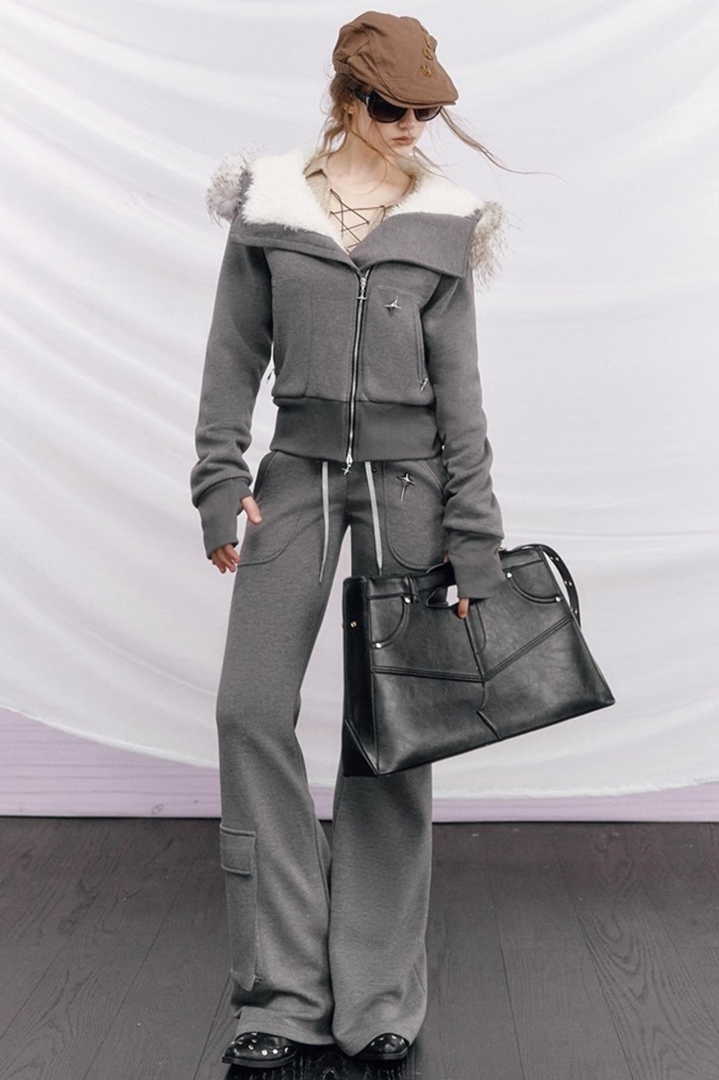 Knitted Hooded Diagonal Jacket Set-Up