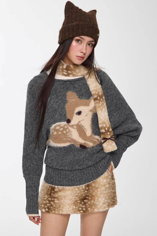 Deer Pattern Batwing Sweater Set-Up