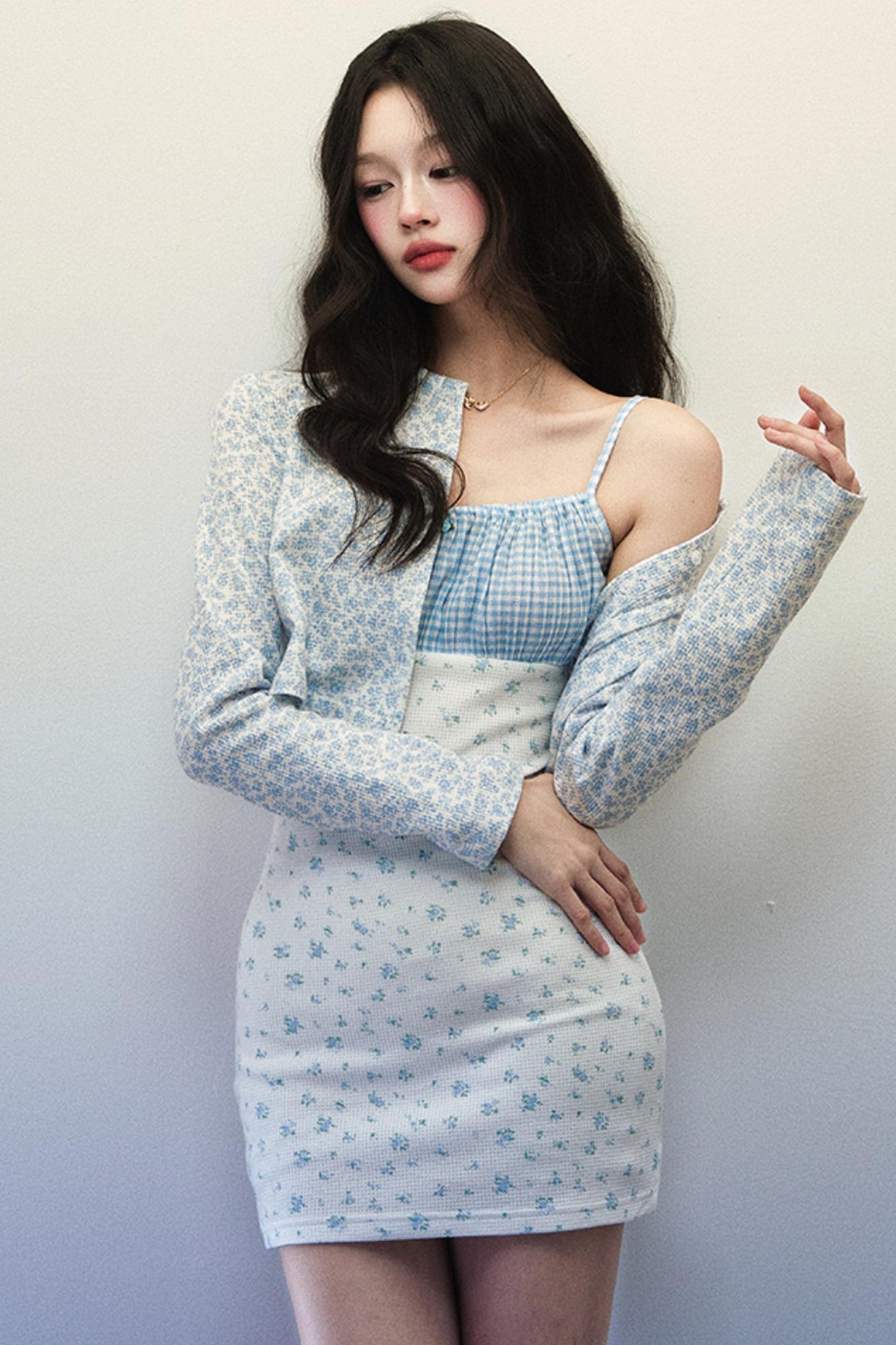 Plaid Floral Halter Dress Cardigan Set-Up