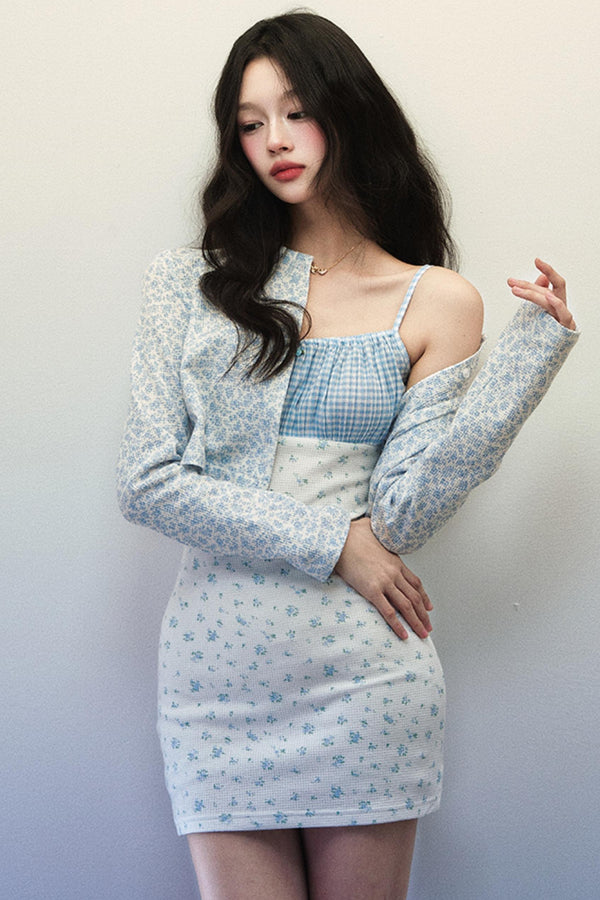 Plaid Floral Halter Dress Cardigan Set-Up