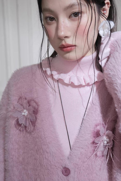 Pink Feather Flower Cardigan