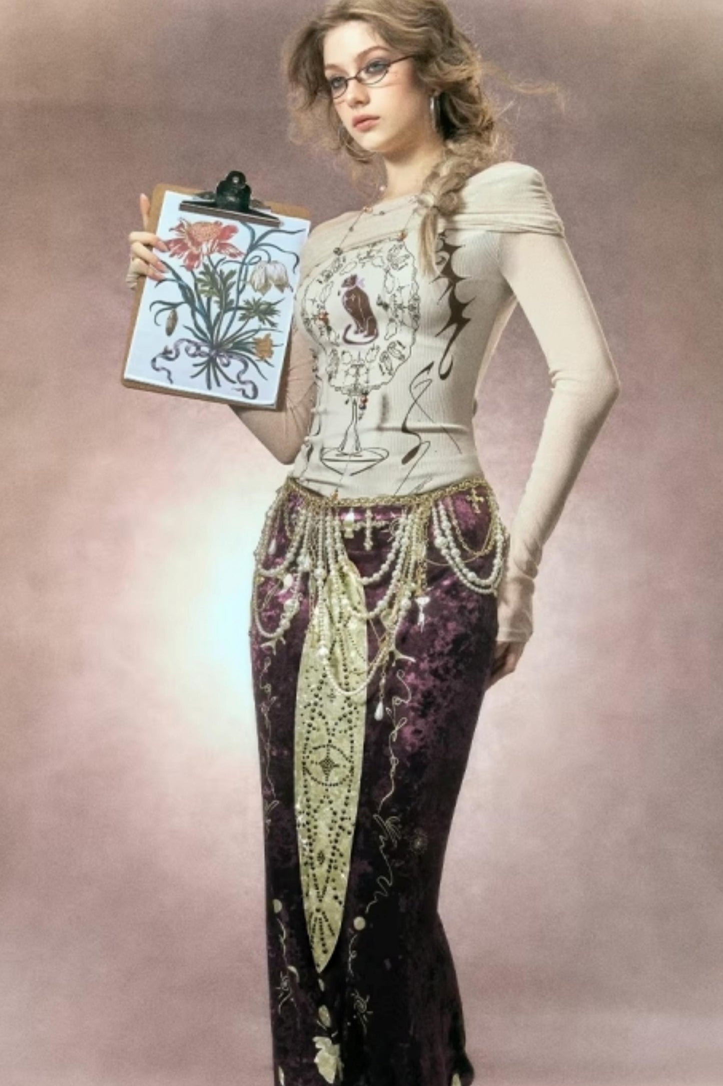 Hand-Painted Velvet Fishtail Skirt