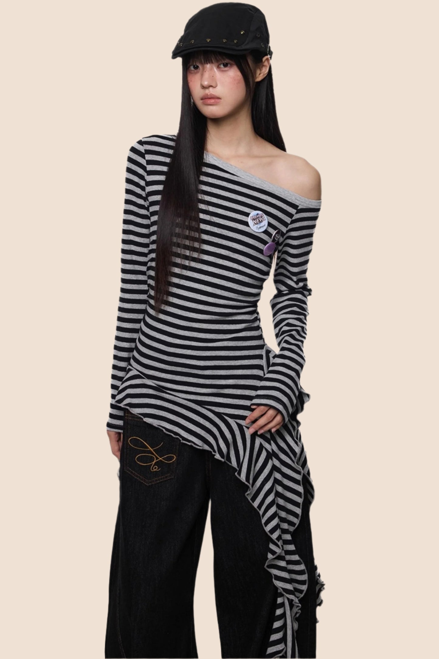 Tassel Detail Slanted Shoulder Top