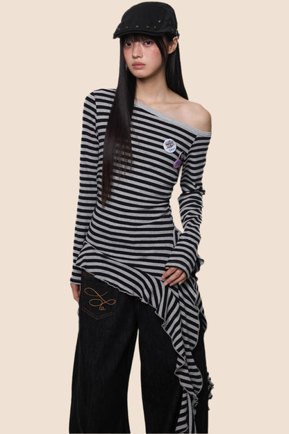 Tassel Detail Slanted Shoulder Top