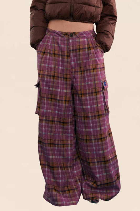 EZEK American Retro Plaid Wide-leg Pants Women's 2024 Autumn New Loose Large Pocket Casual Mop Pants Trendy Brand