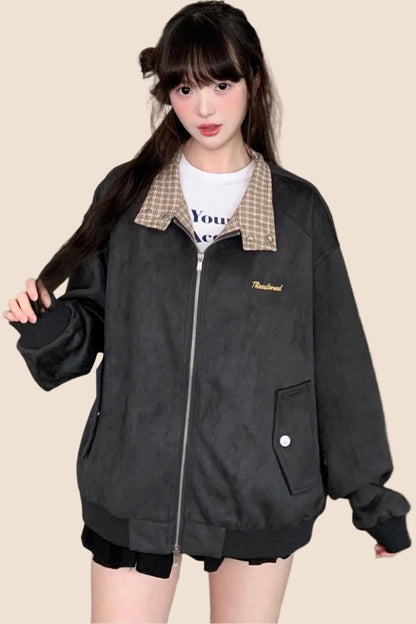 American Vintage Lapel Embroidered Suede Jacket