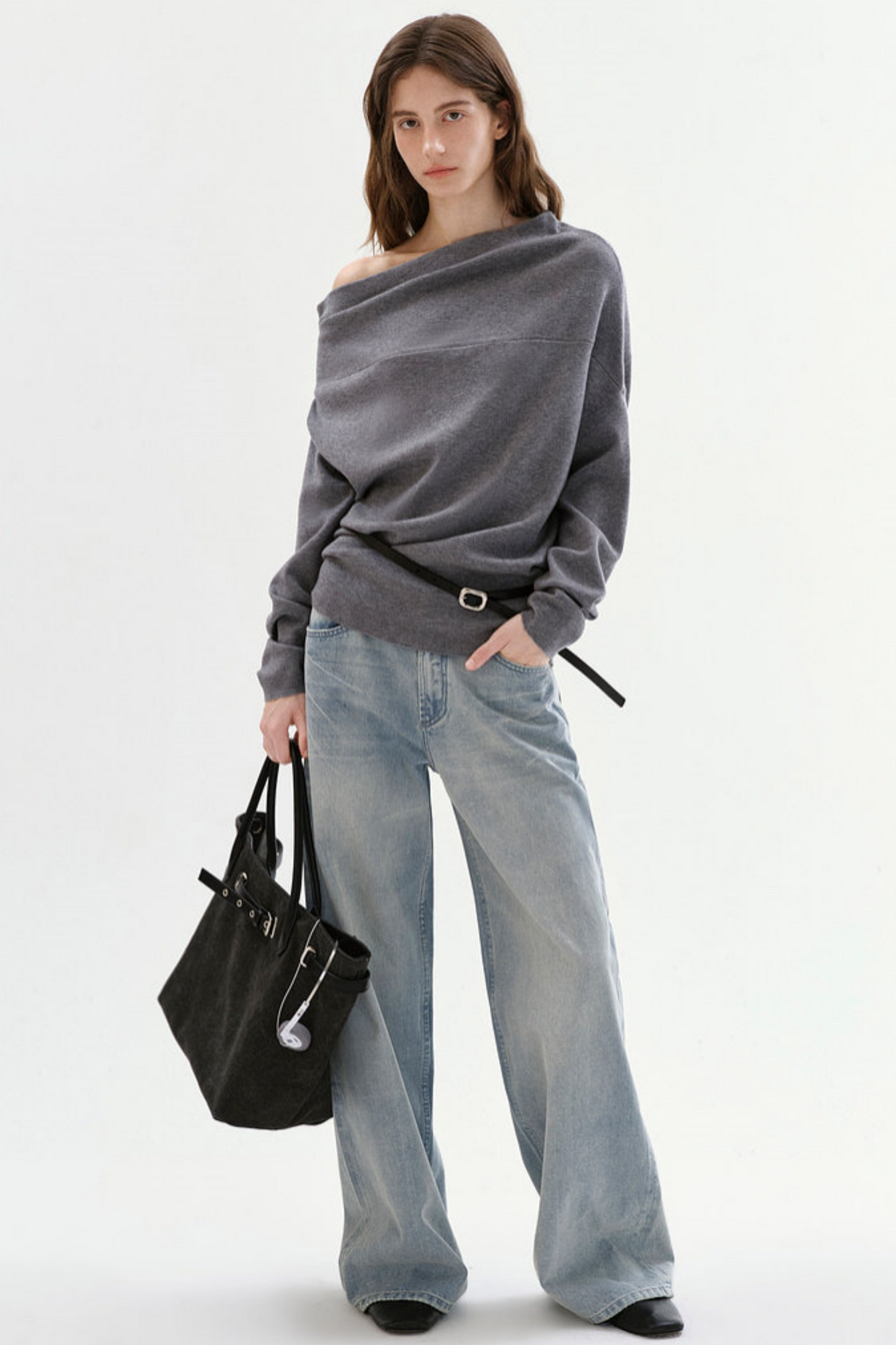 Pleated Off-Shoulder Knit Sweater