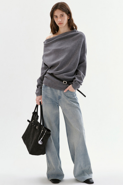 Pleated Off-Shoulder Knit Sweater