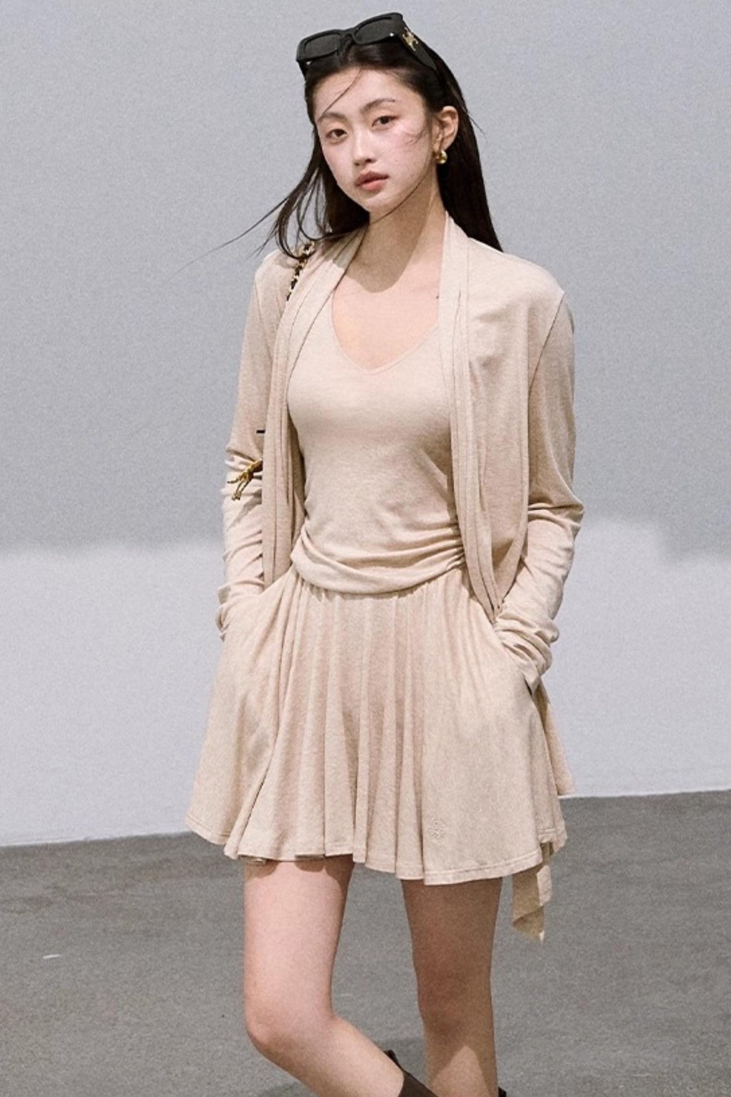 Tencel Knit Cardigan V-Neck Dress Set-Up