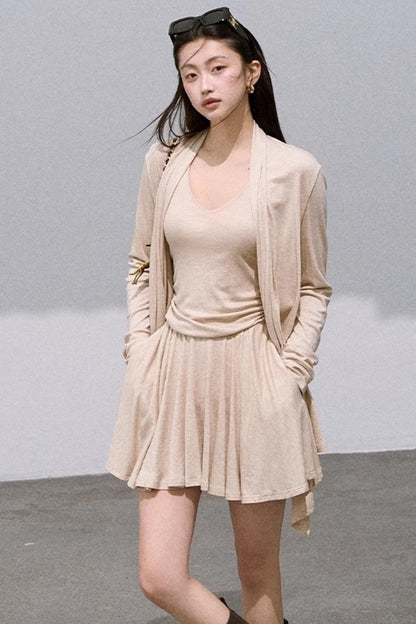 Tencel Knit Cardigan V-Neck Dress Set-Up