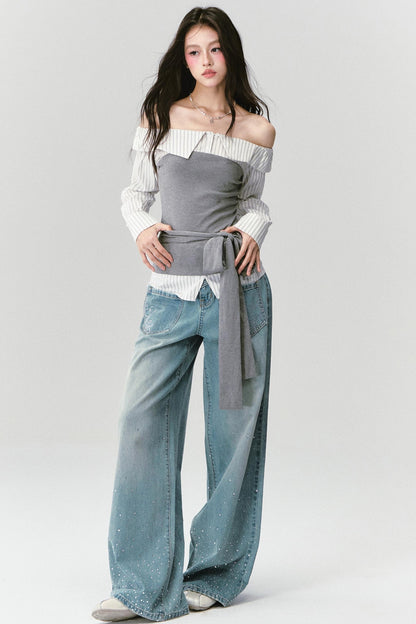 High-Intelligence Patchwork One-Shoulder Top Set-Up