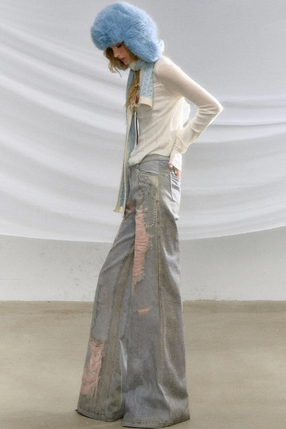 Ripped Faux-Denim Flared Pants