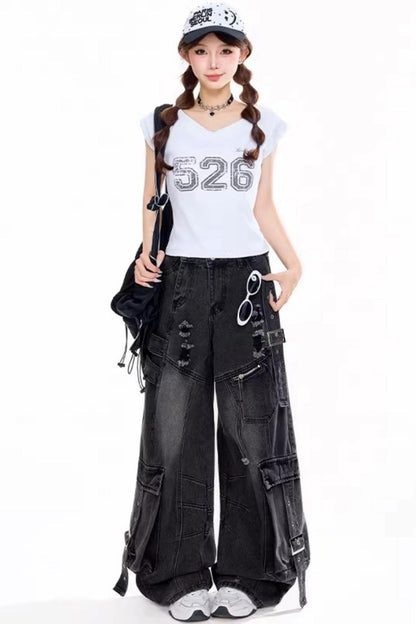 Washed Ripped Black Workwear Pants