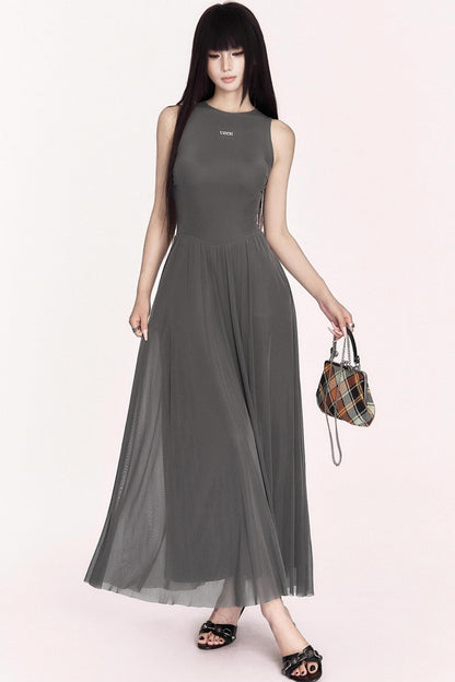 Relaxed French Mesh A-Line Long Dress