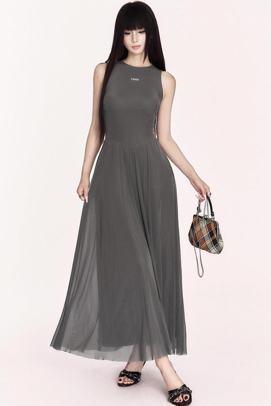 Relaxed French Mesh A-Line Long Dress