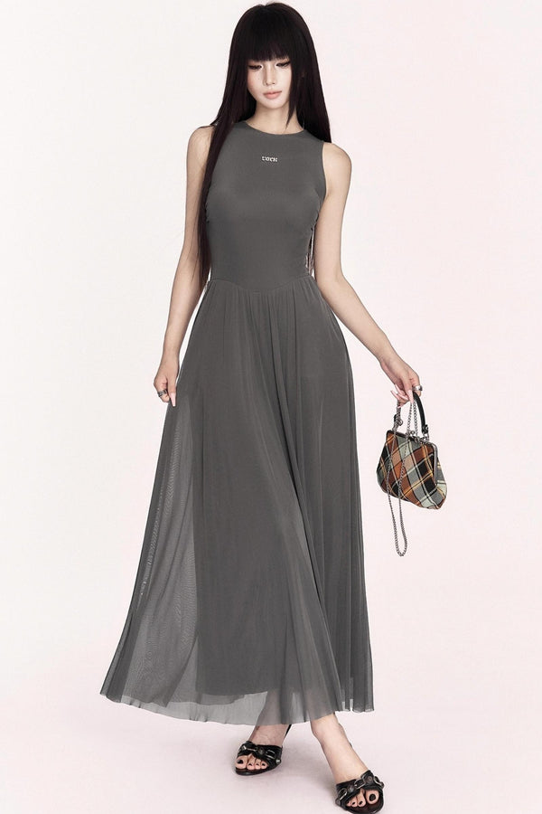 Relaxed French Mesh A-Line Long Dress