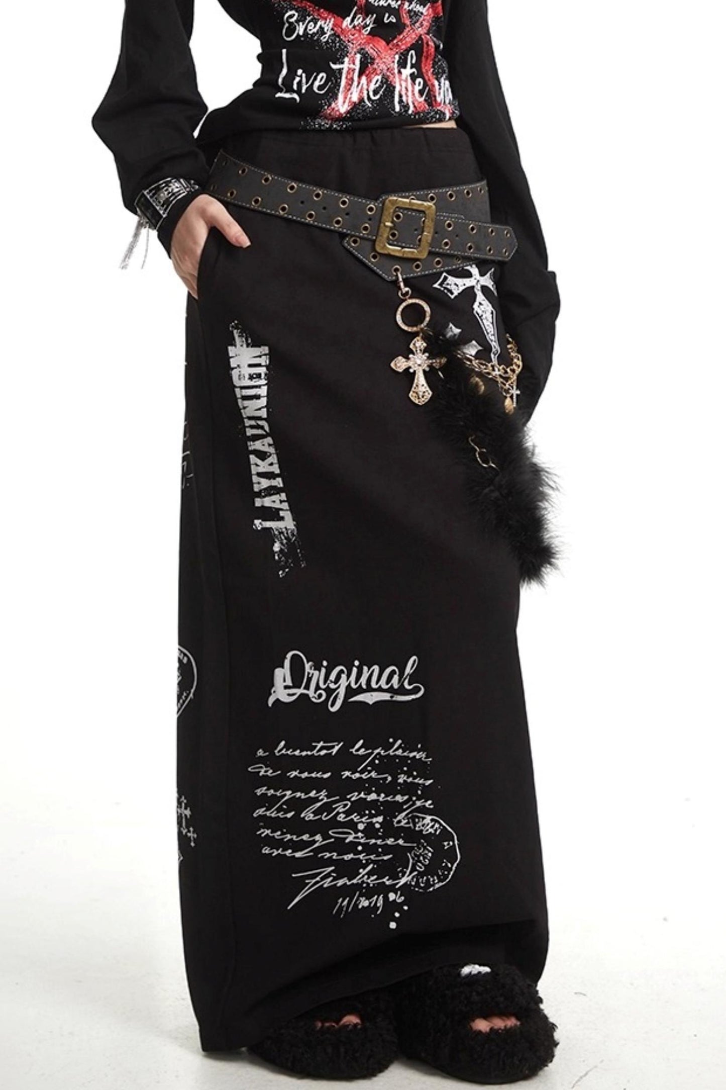 Vintage Cross Print Straight Skirt