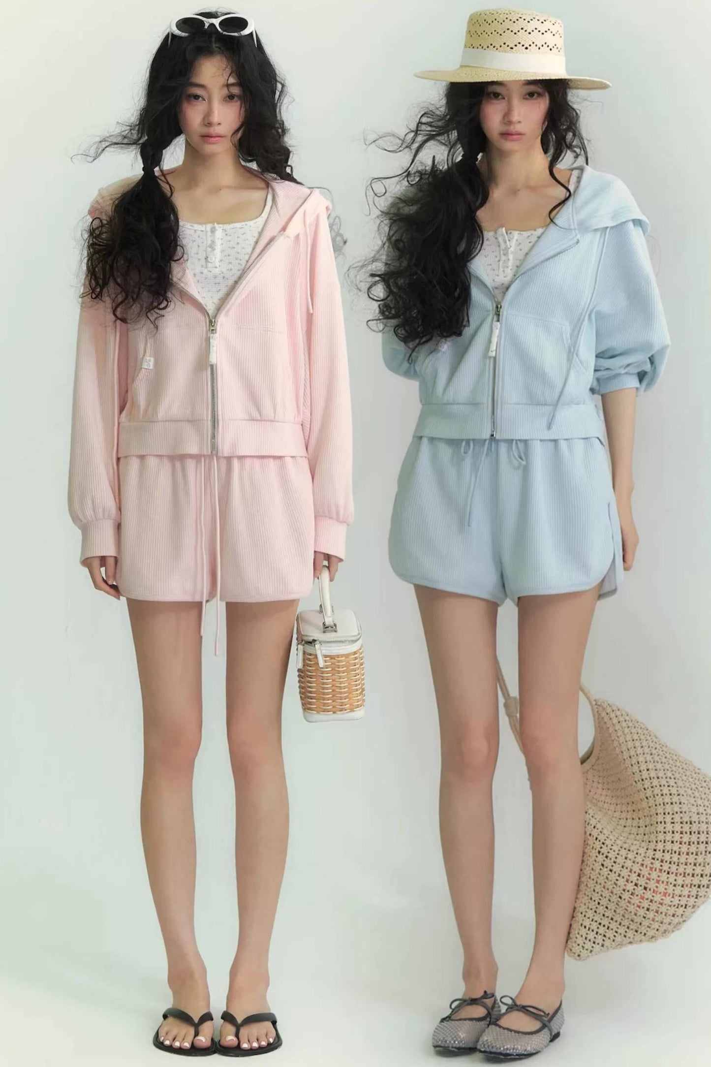 Waffle-knit hooded jacket set