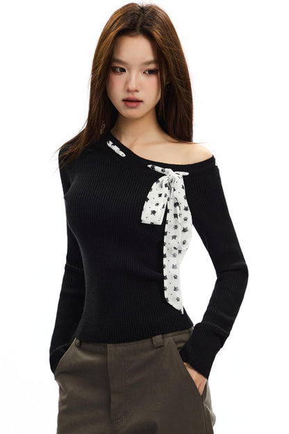 Polka Dot Bow Cropped Knit Top