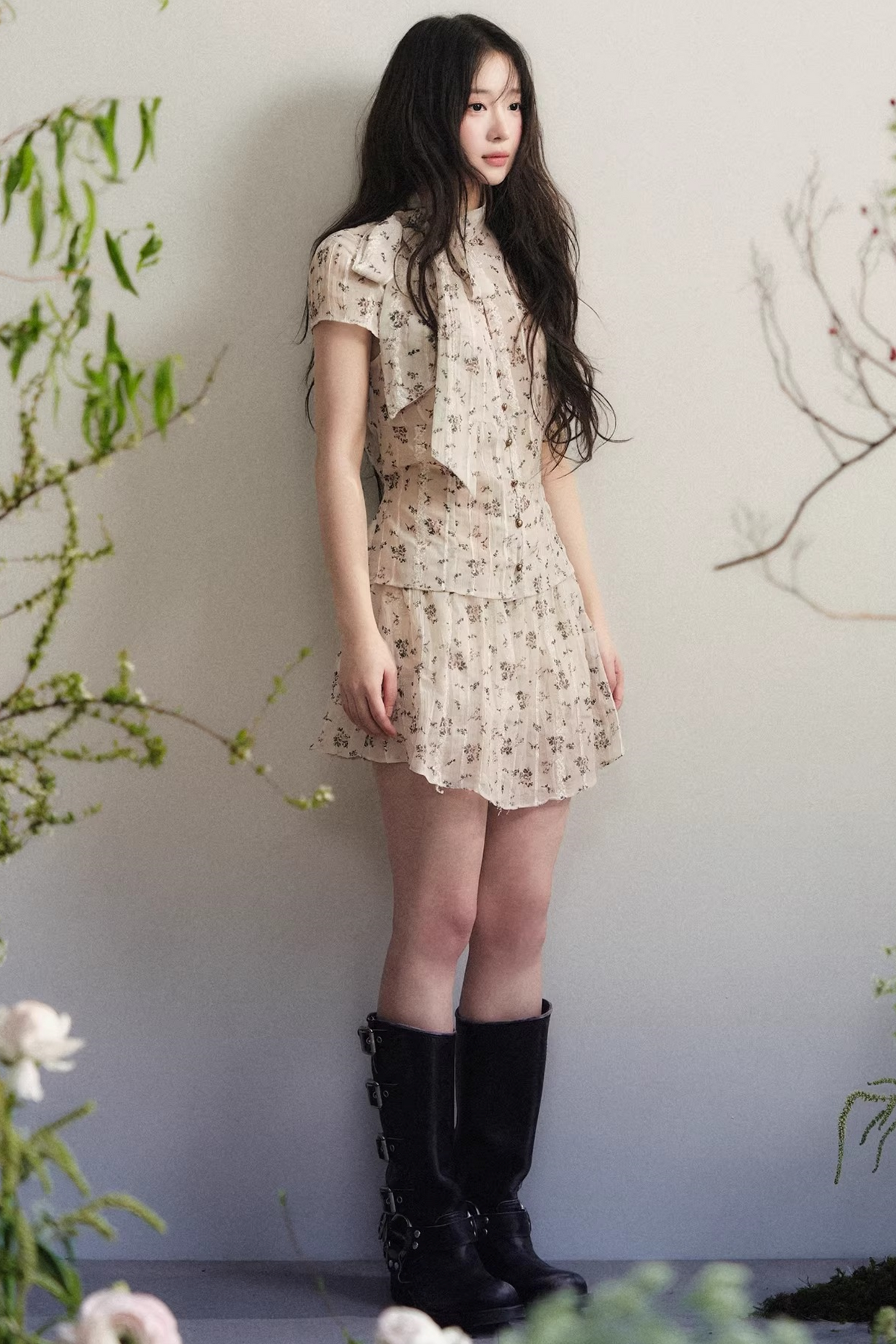 Beige Floral Chiffon Two-Piece Set-Up