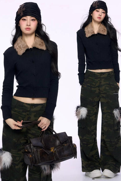 블랙 퍼 칼라 니트 탑