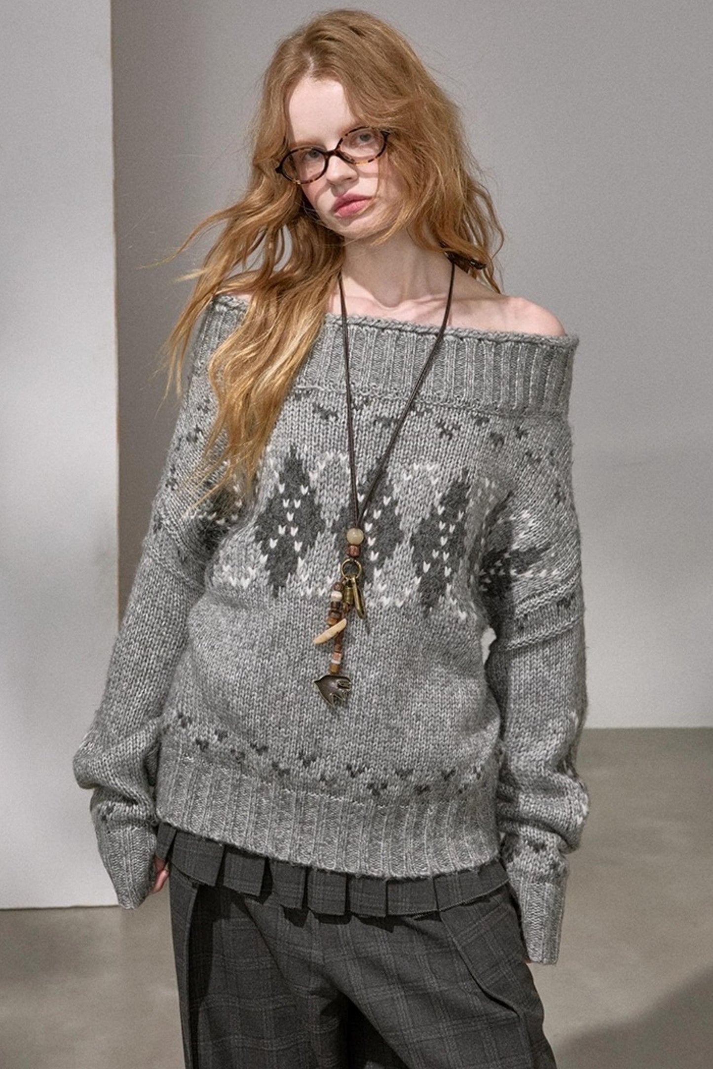 Thick Knit Argyle Off-Shoulder Sweater
