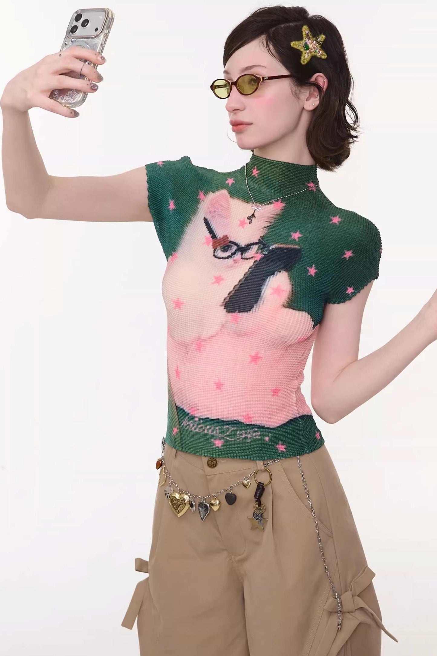 Sweet Pleated Cat Print T-Shirt