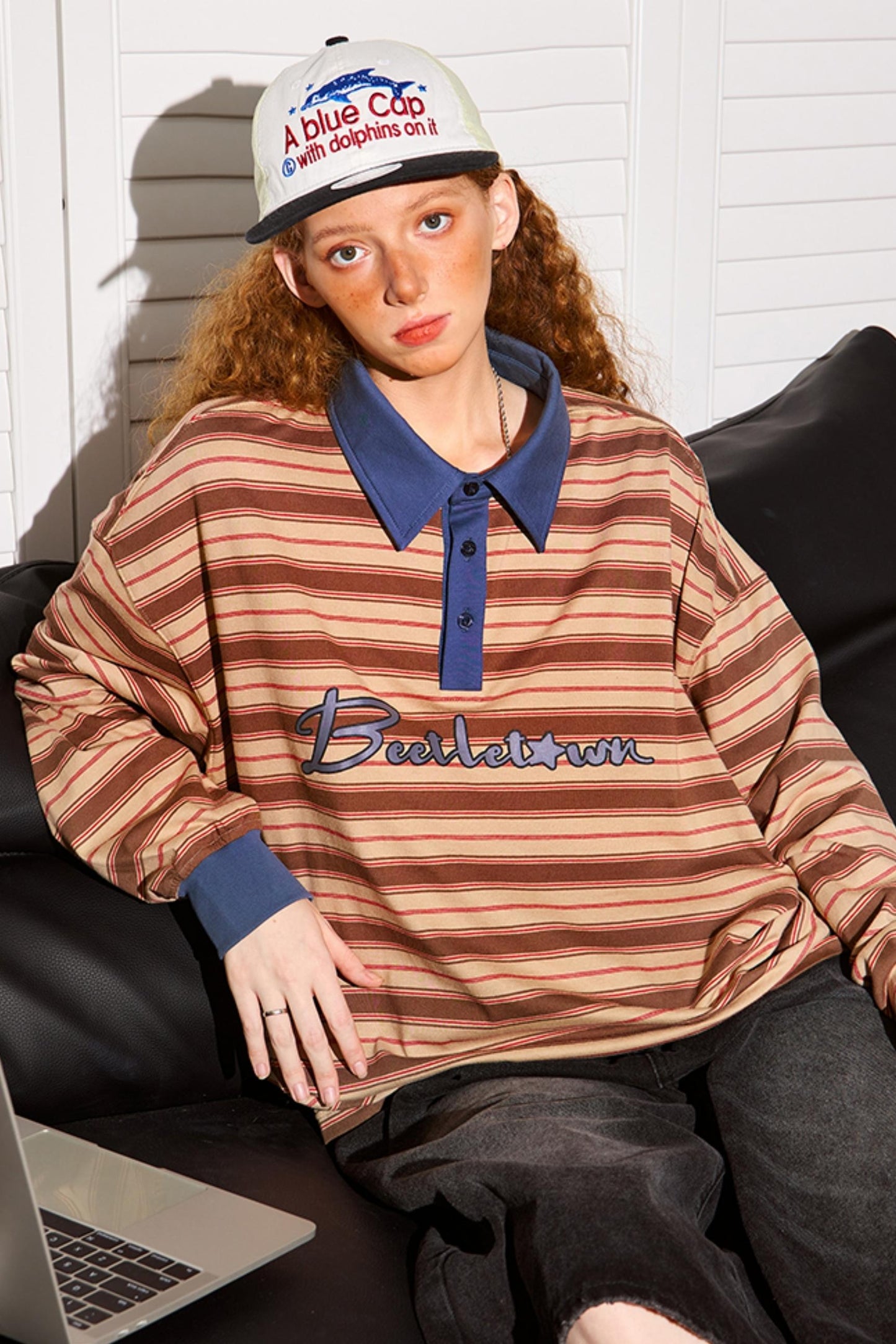 Loose Fit Striped Polo Neck Top
