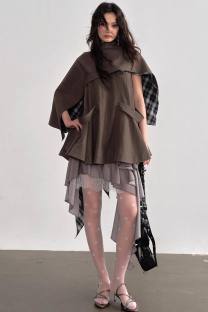 Earth-Toned Detachable Cape Dress