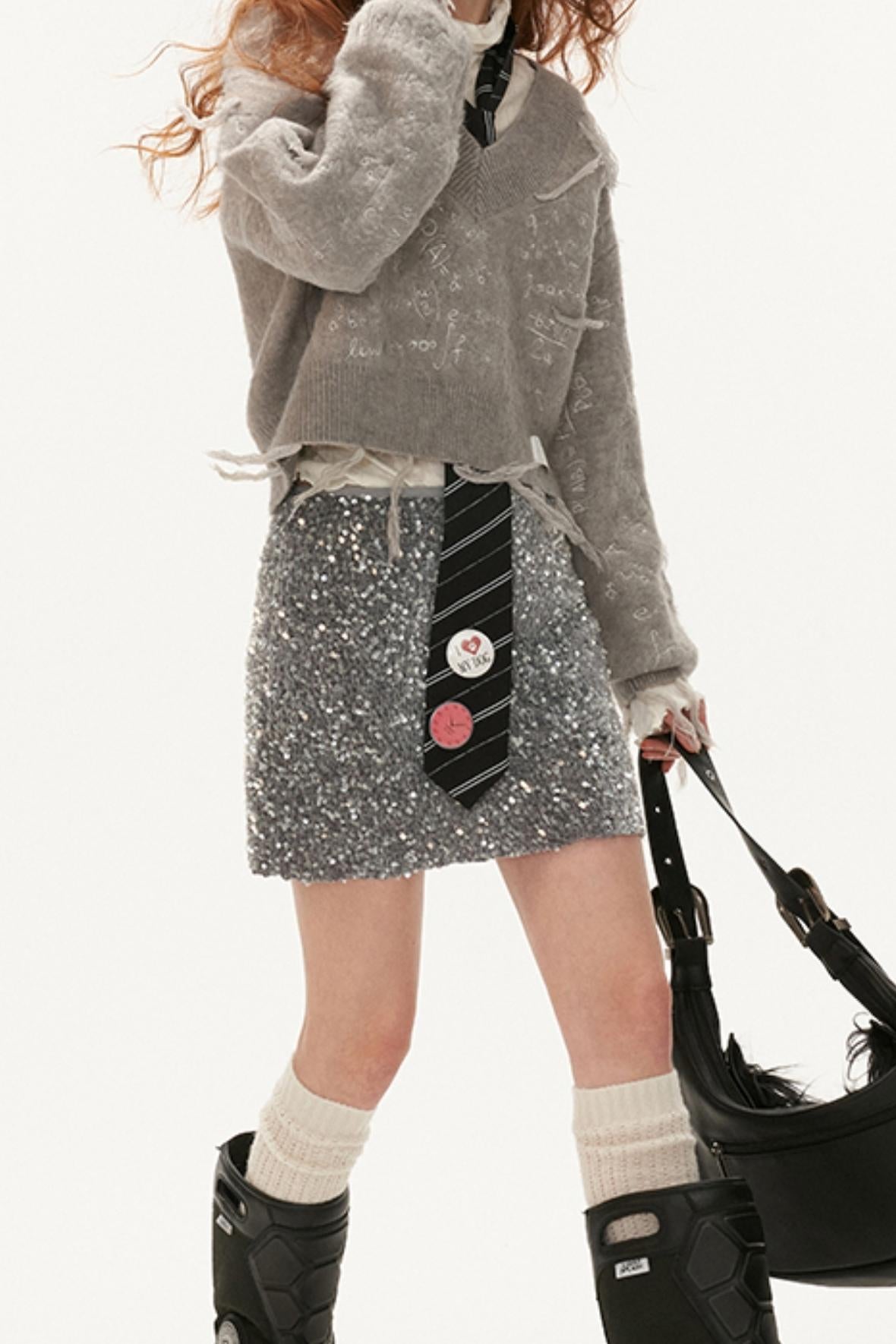 Gray Sequin Fashion Short Skirt