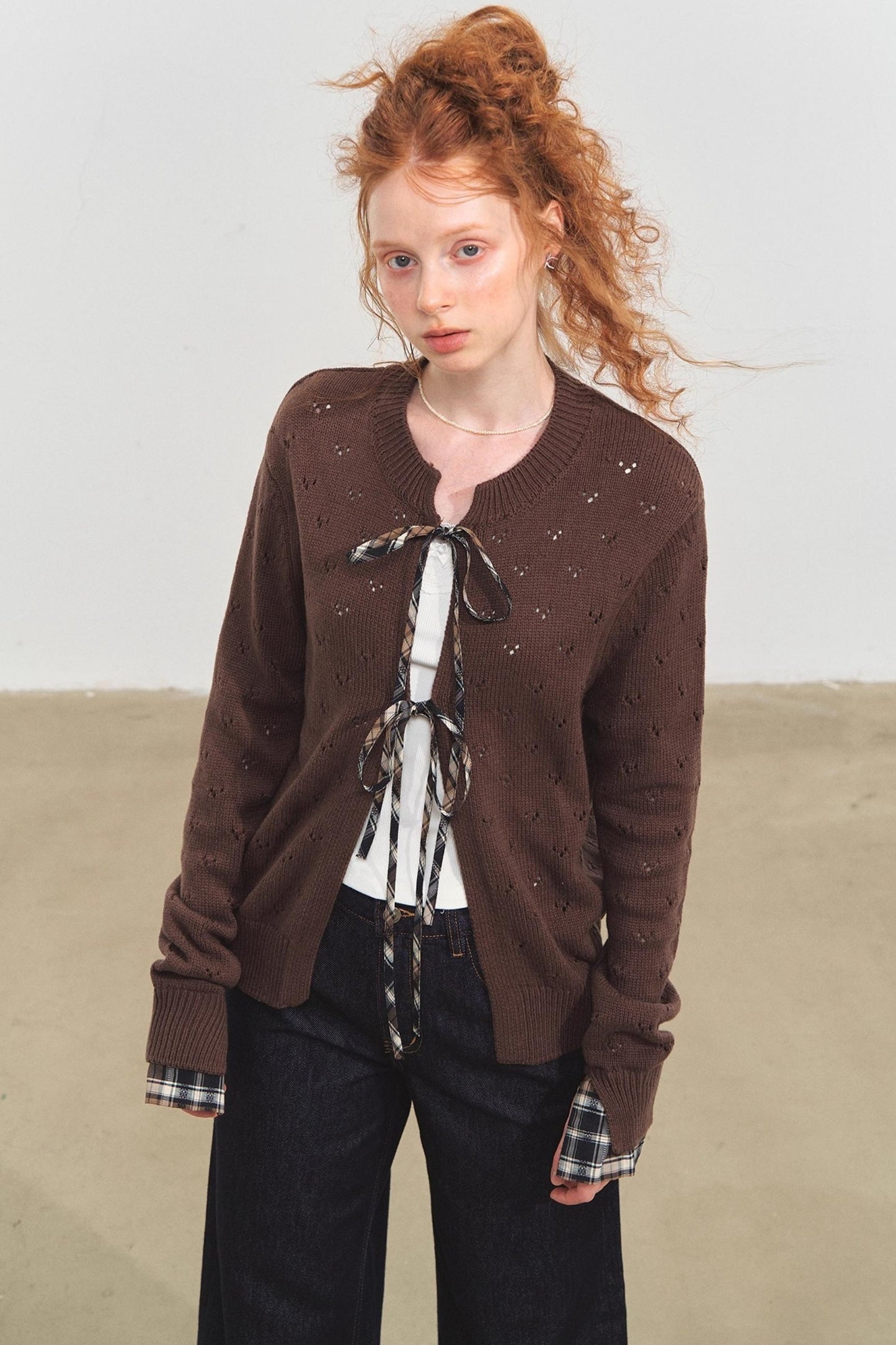 Vintage Check Lace-Up Cardigan