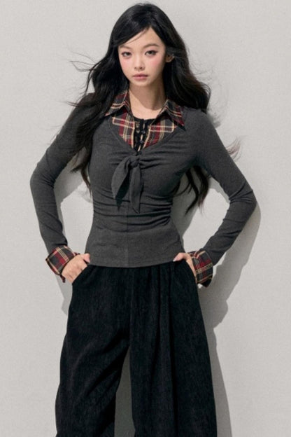 Knitted Plaid Slimming Top