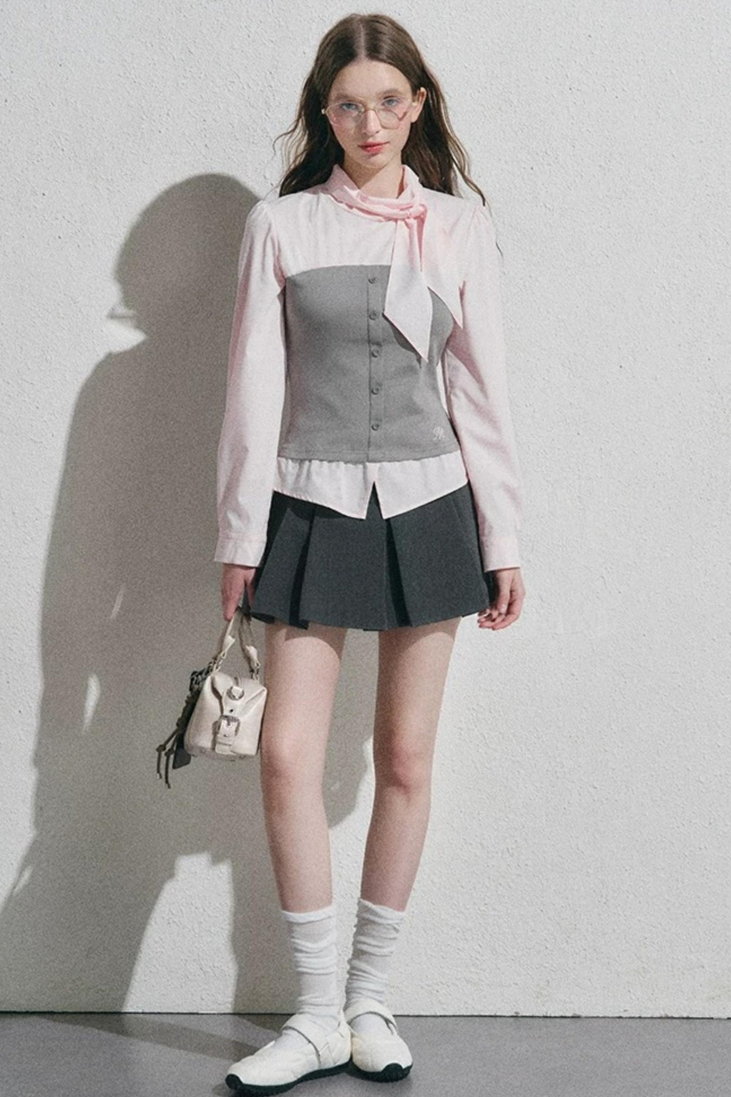 Bow Tie Spliced Shirt and Pleated Mini Skirt Set-Up