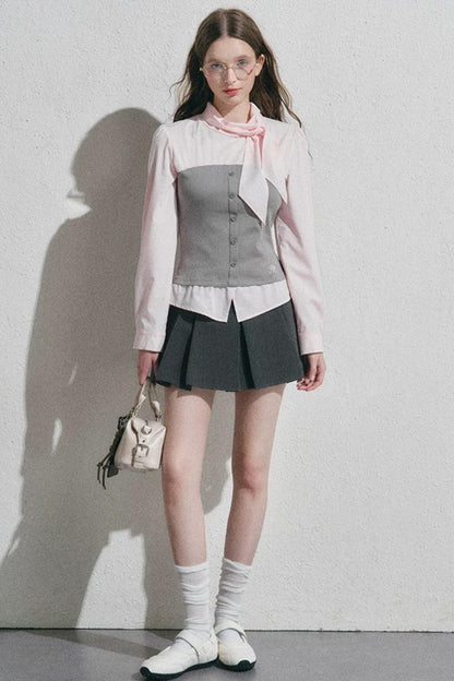 Bow Tie Spliced Shirt and Pleated Mini Skirt Set-Up
