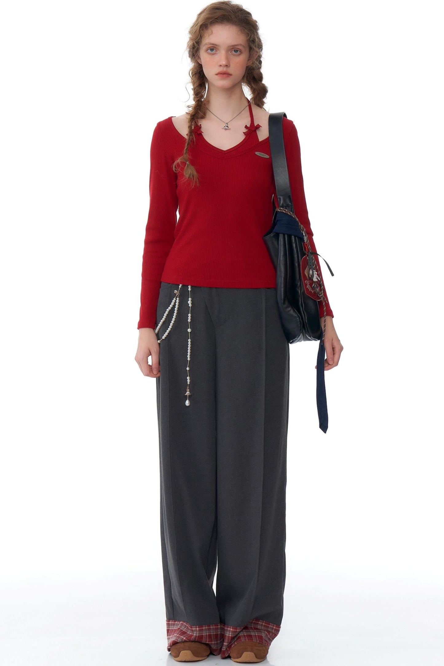 Red Plaid Drape Casual Pants