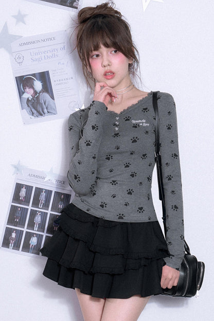 달콤한 강아지 프린트 V넥 티셔츠 