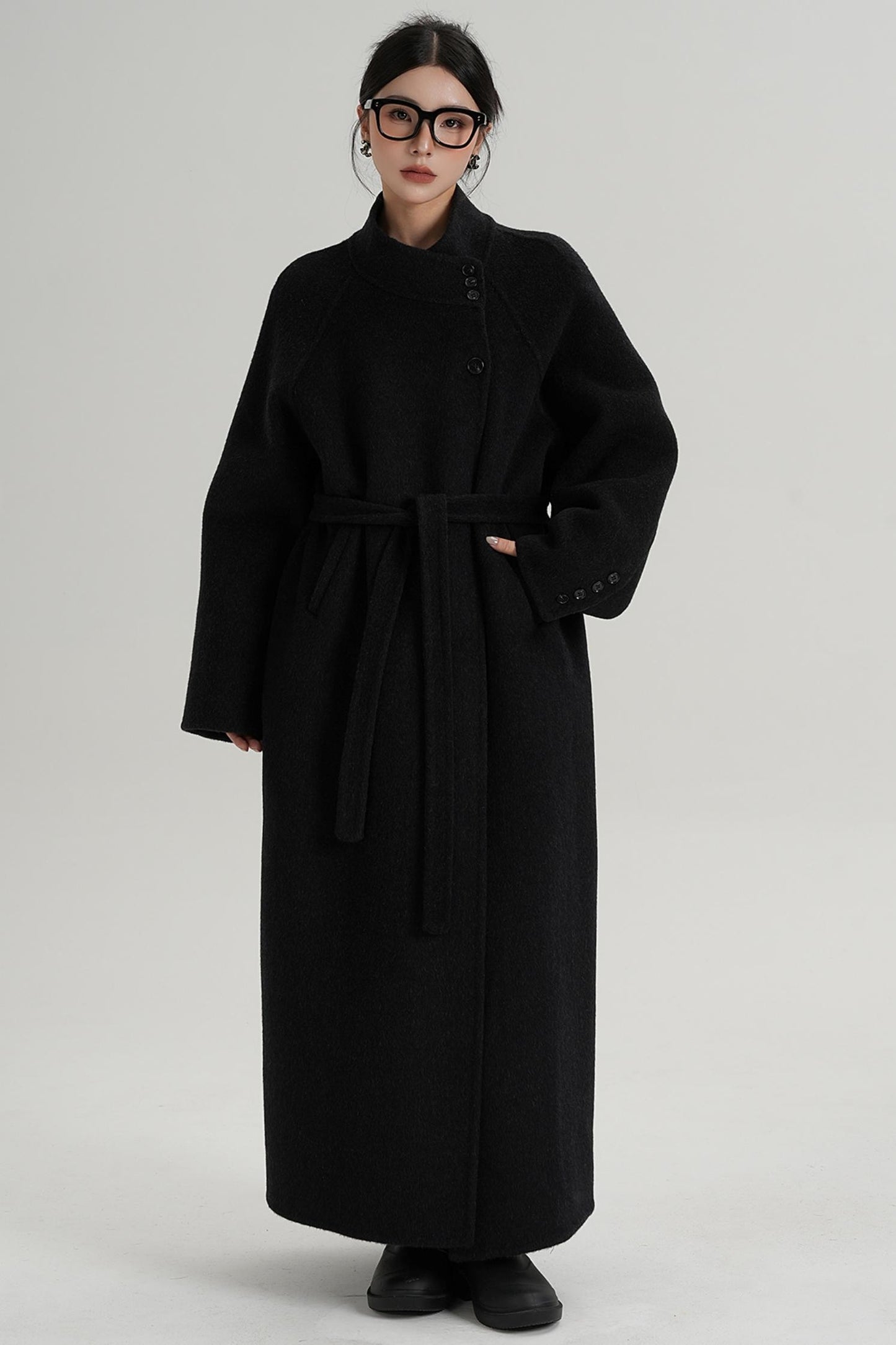 Diagonal Collar Woolen Long Coat