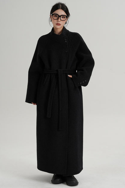 Diagonal Collar Woolen Long Coat