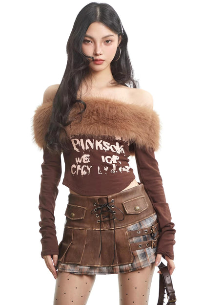 Retro Fur Collar Off-Shoulder Top