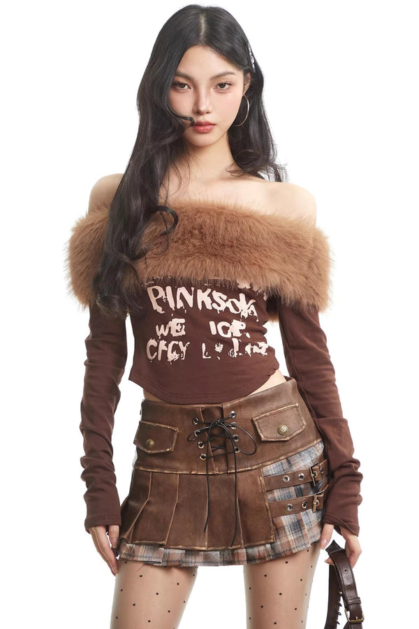 Retro Fur Collar Off-Shoulder Top