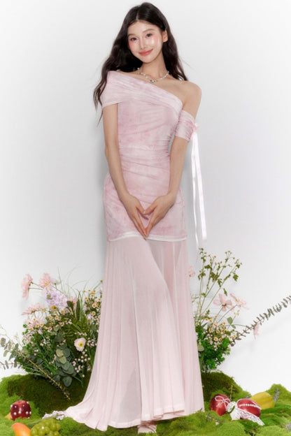 Sheer One-Shoulder Tulle Dress