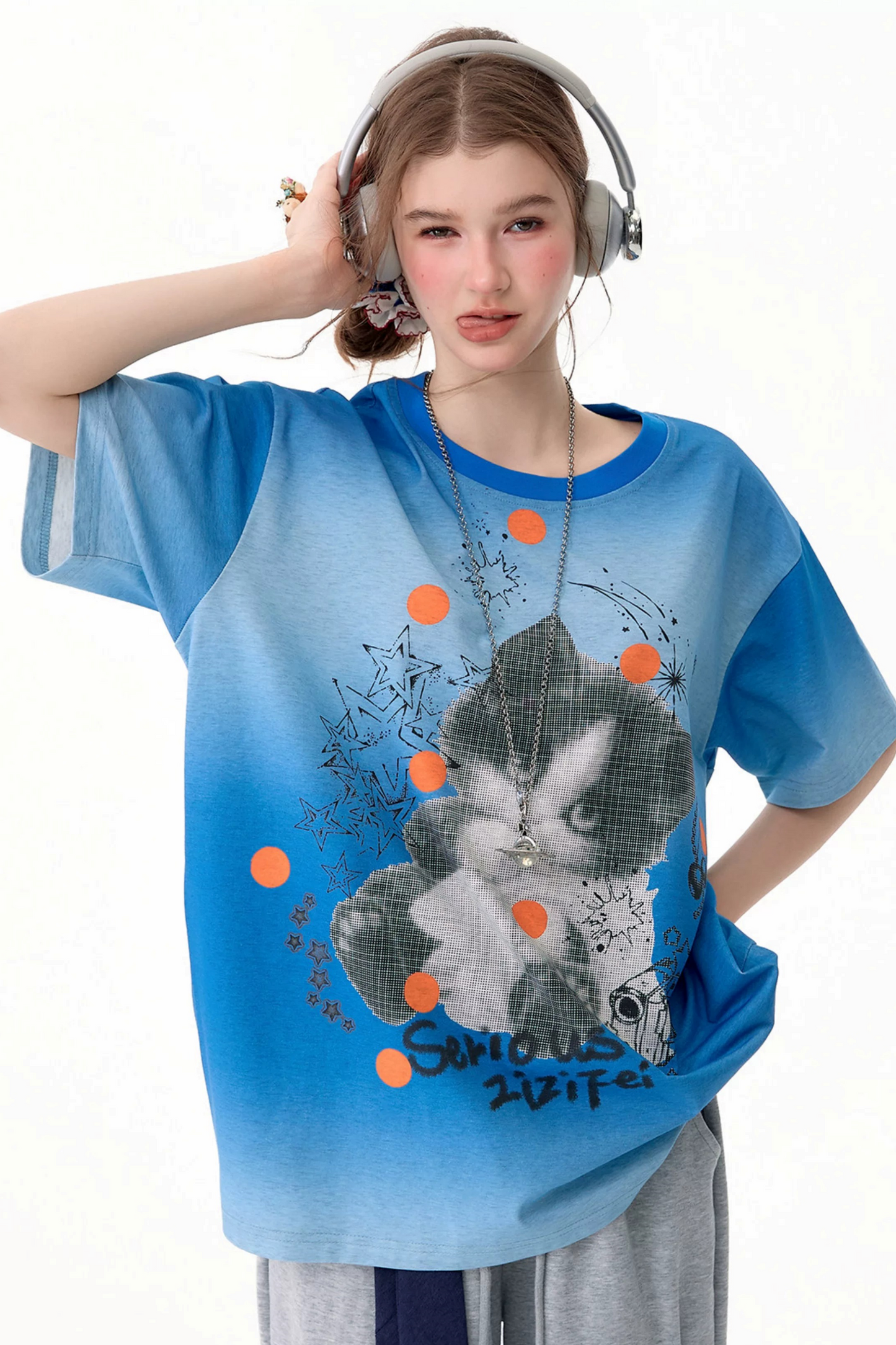 Blue Gradient Cat Print T-Shirt