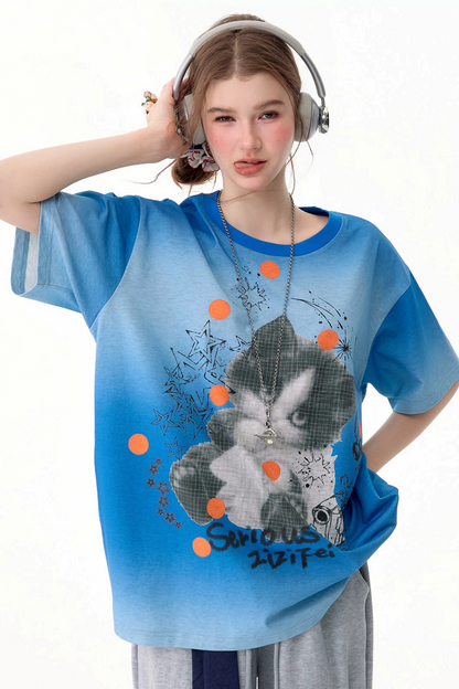 Blue Gradient Cat Print T-Shirt