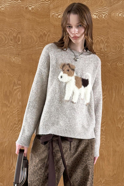 Cute Puppy Jacquard Pullover Sweater