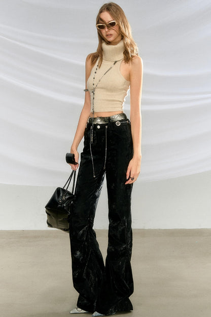 Glossy Leather Pleated Flared Pants