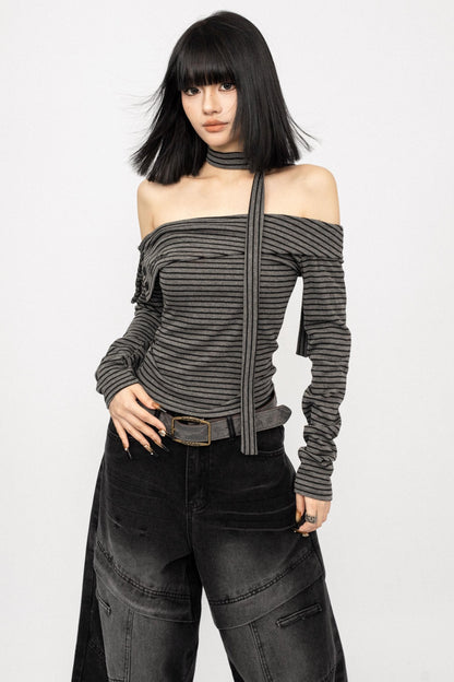 American Spice Girl Striped One-Shoulder Top