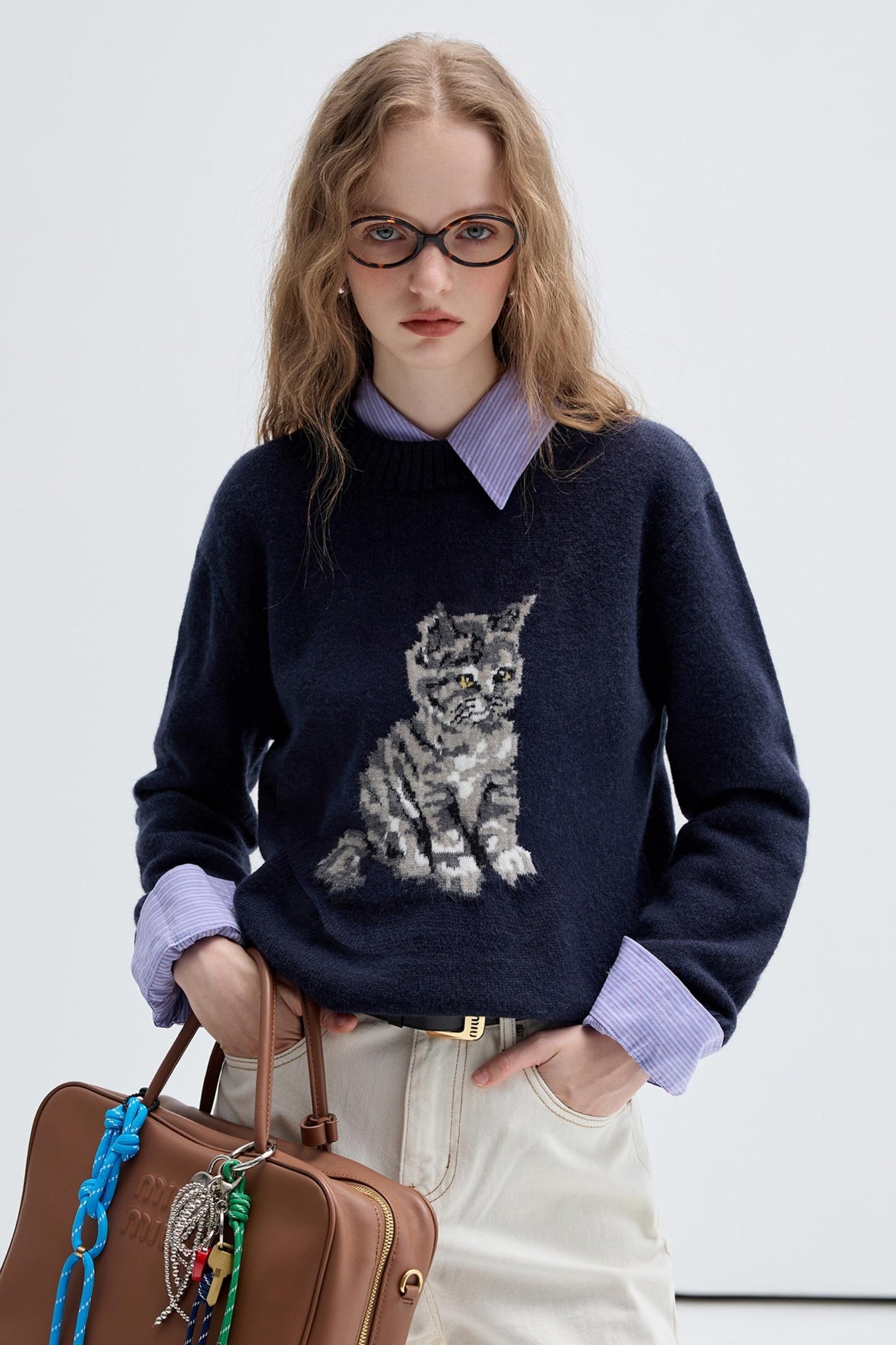 Jacquard Kitten Embroidered Crewneck Top