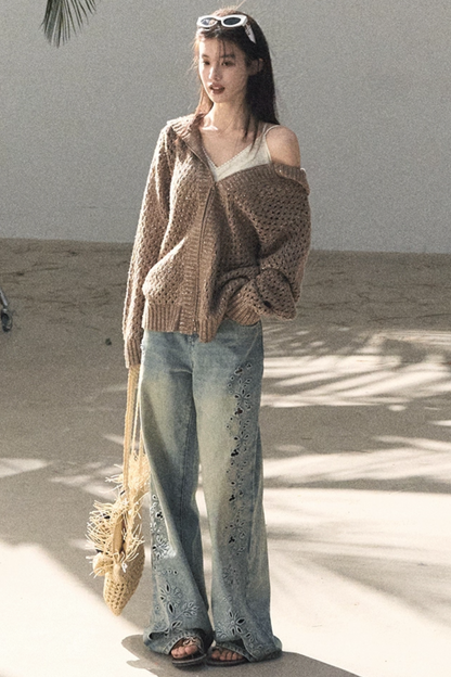 Laser Embroidery Distressed Jeans