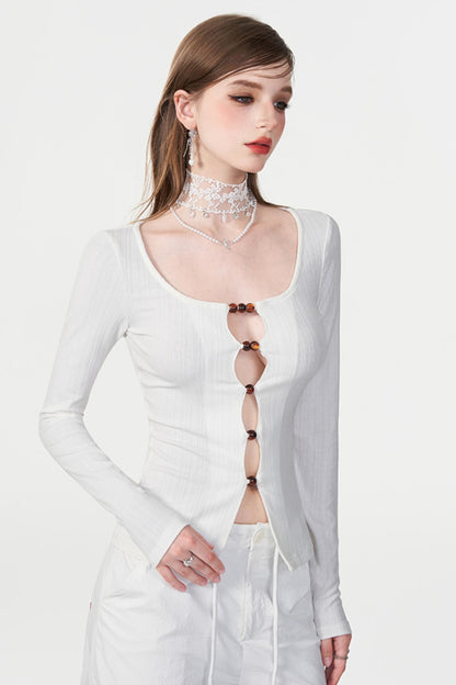 Color Beaded U-Neck Long Sleeve Tee